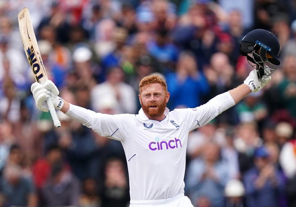 England’s Jonny Bairstow celebrates a century during day three of the fifth Test (PA Wire)
