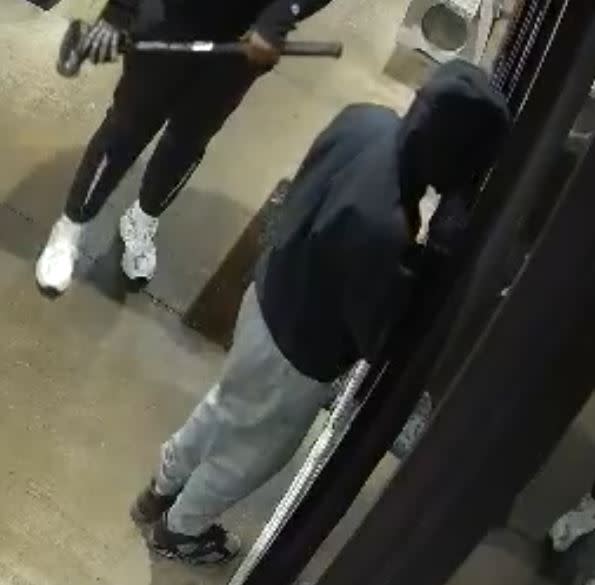 Suspects accused of breaking into businesses with a sledgehammer.