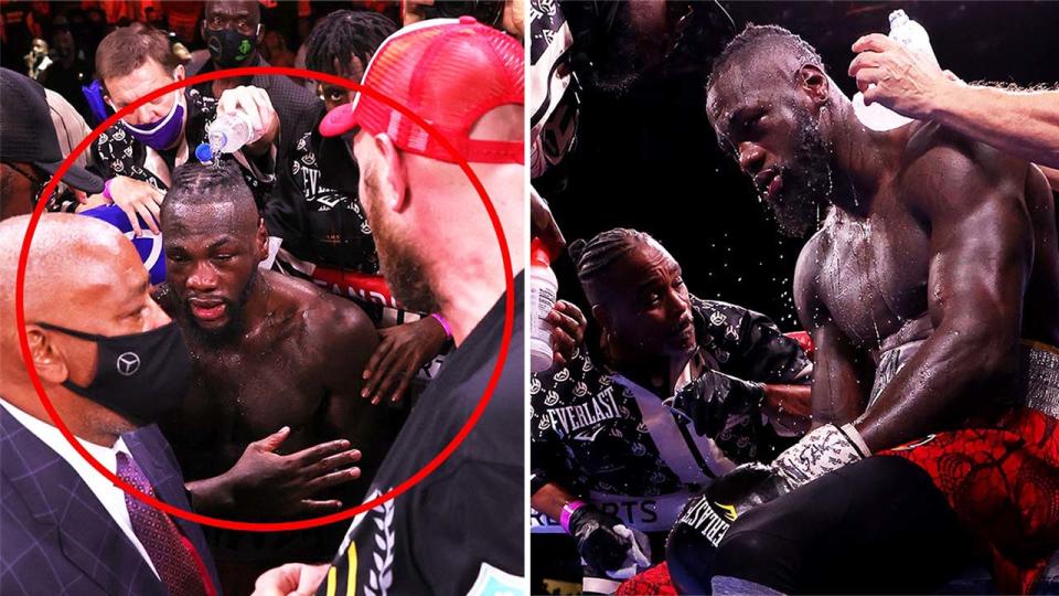 Tyson Fury attempts to shake Deontay Wilder's hand (pictured right) and (pictured right) Deontay Wilder in between rounds in his corner.