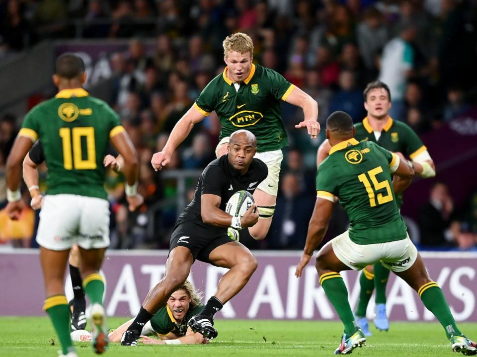 Mark Telea of New Zealand breaks through South Africa in the last meeting between the sides in August at Twickenham (Getty Images)