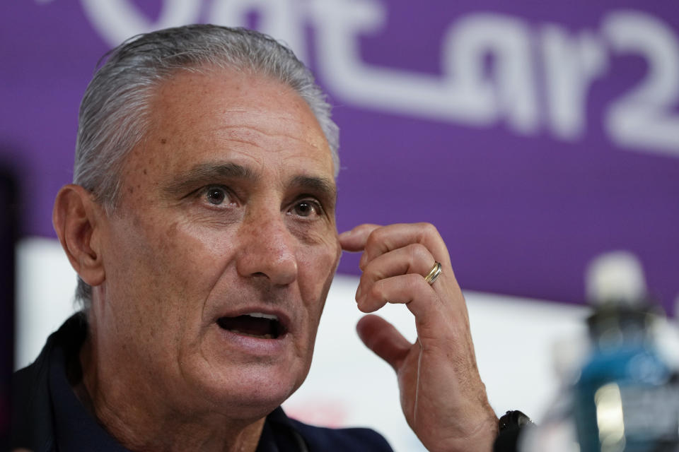 Brazil's head coach Tite speaks during a press conference on the eve of the group G of World Cup soccer match between Brazil and Cameroon in Doha, Qatar, Thursday, Dec. 1, 2022. (AP Photo/Andre Penner)