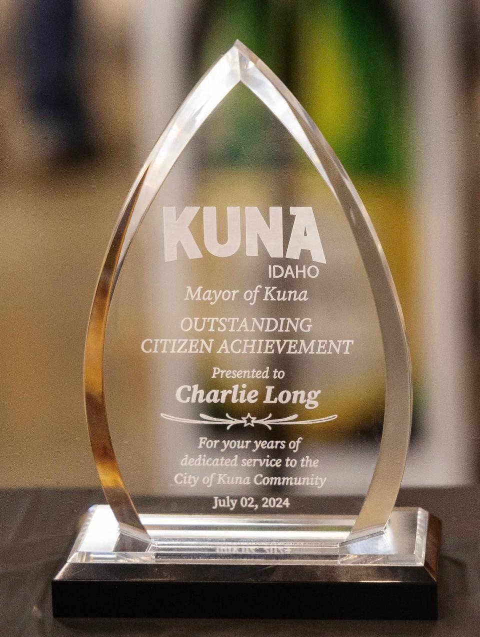 Charlie Long, manager of the Ridley’s Family Market in Kuna, received an Outstanding Citizen Achievement award from Kuna Mayor Joe Stear for his years of involvement in the community.