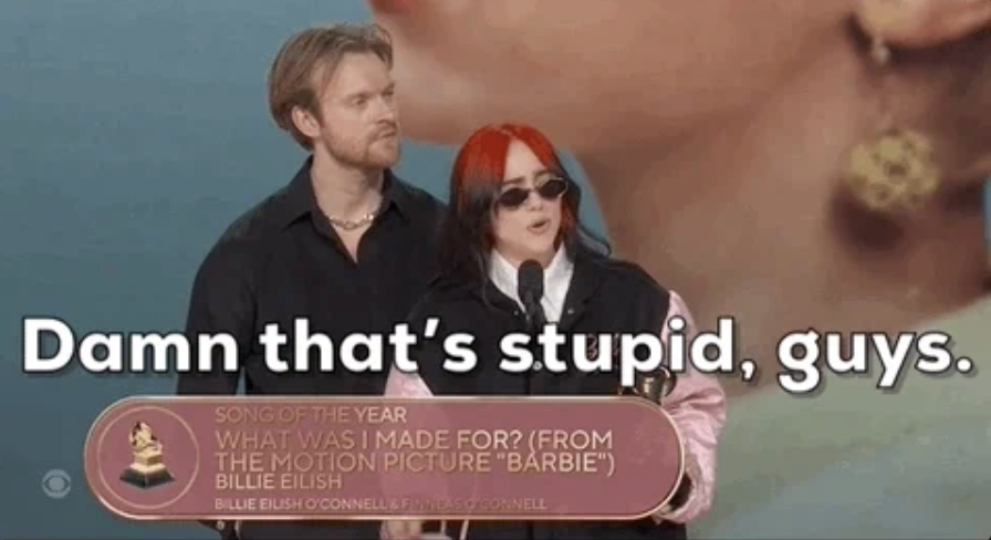 Billie Eilish and Finneas hold an award on stage with large text overlay reading, "Damn that's stupid, guys."