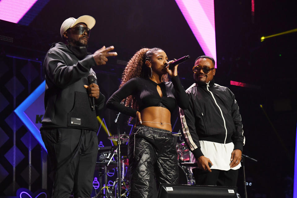 (L-R) Will.i.am, J. Rey Soul, and Apl.de.ap of Black Eyed Peas perform onstage during iHeartRadio 102.7 KIIS FM’s Jingle Ball 2021 presented by Capital One at The Forum on December 03, 2021 in Los Angeles, California. (Photo by Kevin Mazur for iHeartRadio) - Credit: iHeartRadio