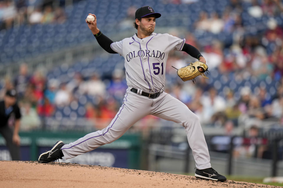 Colorado Rockies relief pitcher Karl Kauffmann throws during the third inning of a baseball game against the Washington Nationals at Nationals Park, Monday, July 24, 2023, in Washington. (AP Photo/Alex Brandon)