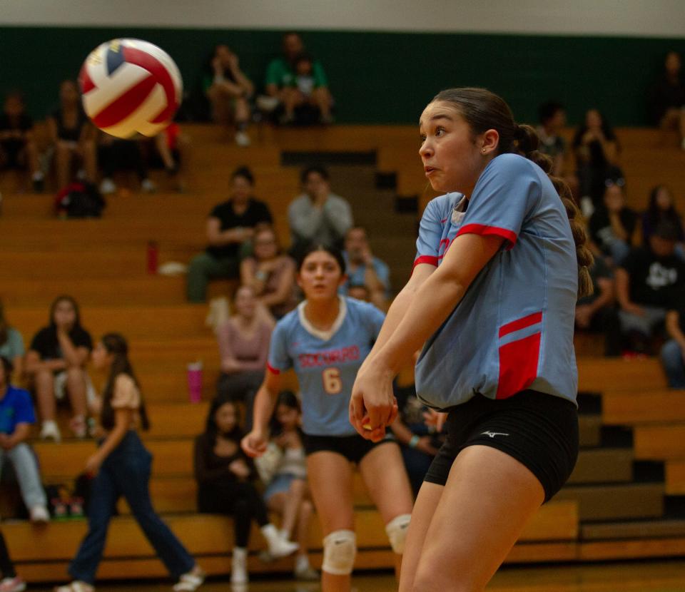 Socorro HIgh School's Kendra Stanford sets up the ball for her teammates at Montwood on Aug. 29, 2023. Socorro would go on to win 3-0