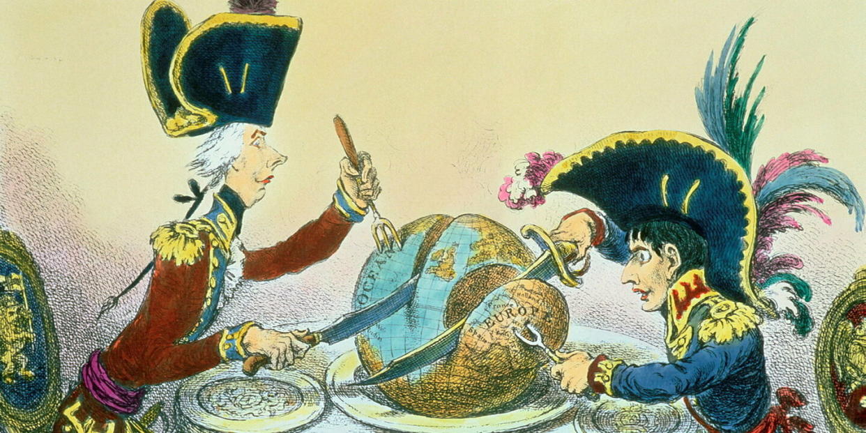 William Pitt junior et Napoléon croqués par James Gillray pour ce « Plumb-pudding in danger » (1805). - Credit:Bridgeman Images