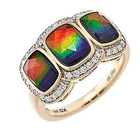 Stunning 14k yellow gold ring, featuring one 8x6mm and two 7x5mm cushion shaped top grade Ammolite gemstones, with white diamond accents.