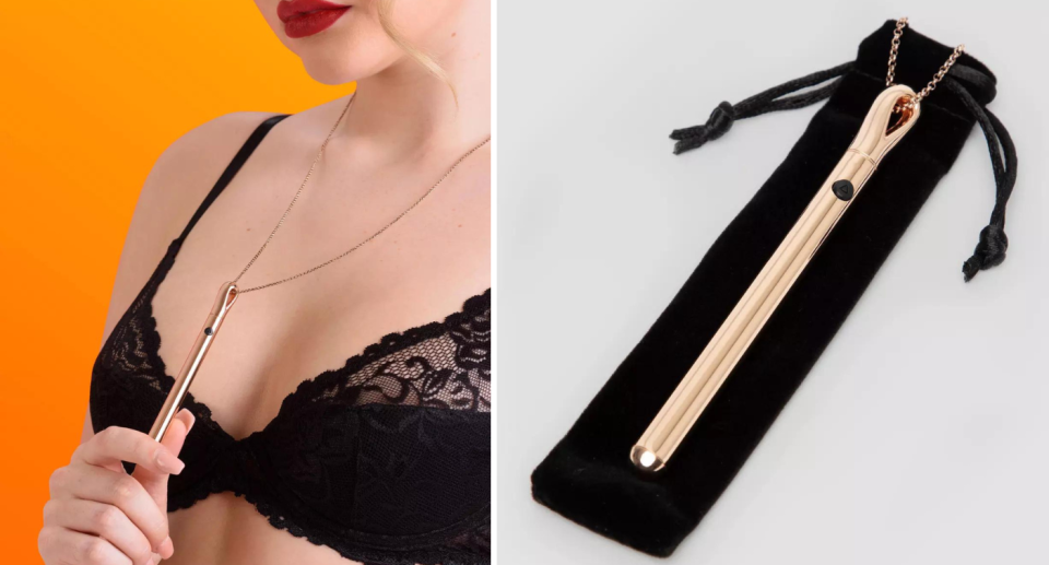 A woman wearing the sex toy as a necklace (left) and a close up of the sex toy (right).