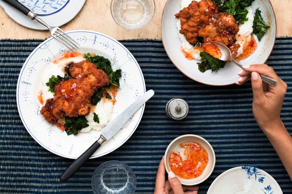 Fried Chicken Thighs with Cheesy Grits