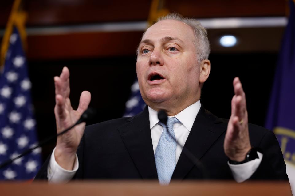 U.S. House Majority Leader Steve Scalise, R-La., speaks during a news conference after a House Republican caucus meeting at the U.S. Capitol on September 27, 2023 in Washington, DC.