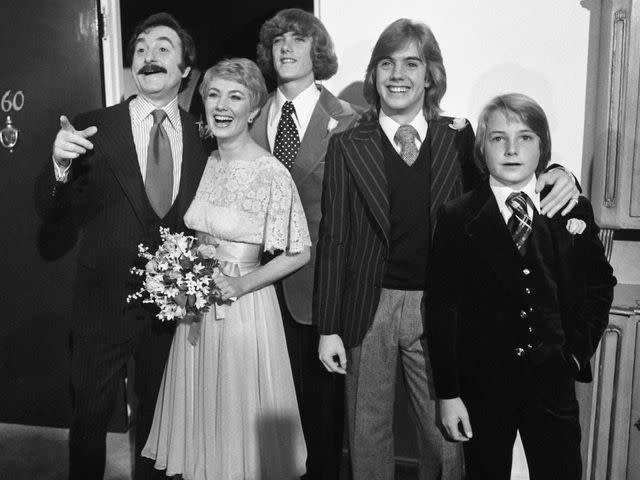 <p>Bettmann Archive/Getty</p> Shirley Jones and Marty Ingels with Patrick, Shaun, and Ryan Cassidy following their wedding at the Bel Air Hotel