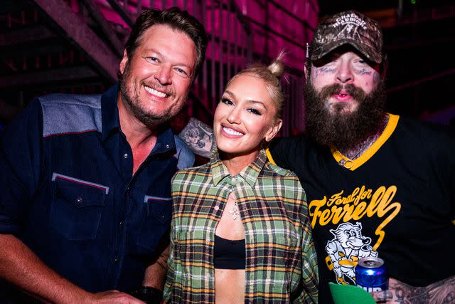 <p>John Shearer/Getty </p> Blake Shelton, Gwen Stefani and Post Malone attend night one of CMA Fest 2024