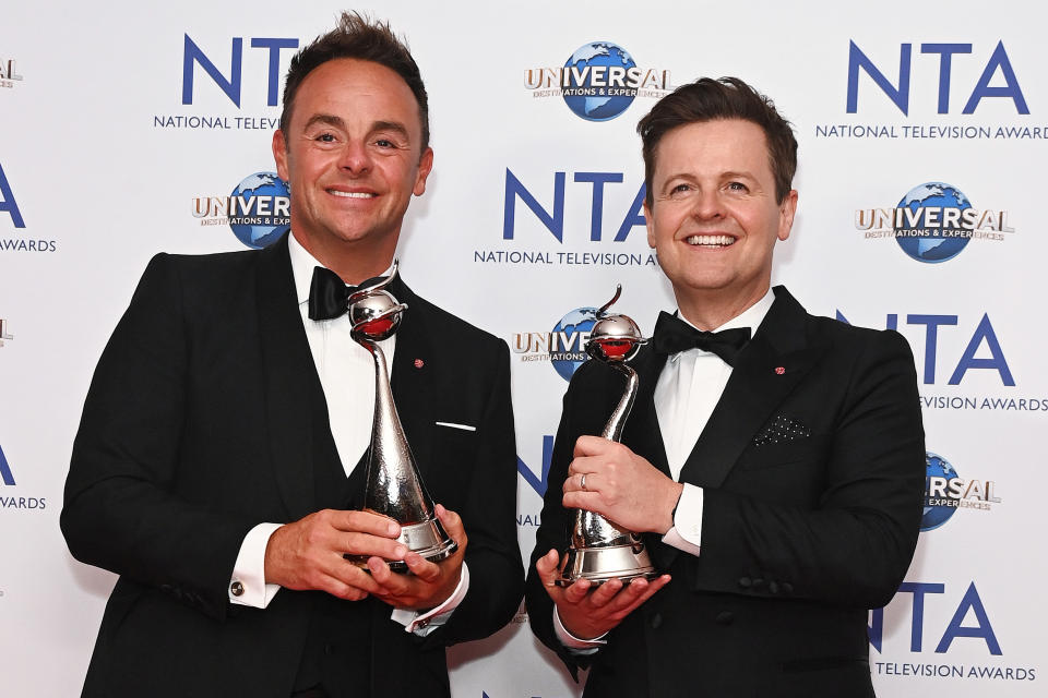 Anthony McPartlin and Declan Donnelly (Ant & Dec), winners of the TV Presenter award, pose in the press room at the National Television Awards 2023 at The O2 Arena on September 5, 2023 in London, England. (Photo by Alan Chapman/Dave Benett/Getty Images)