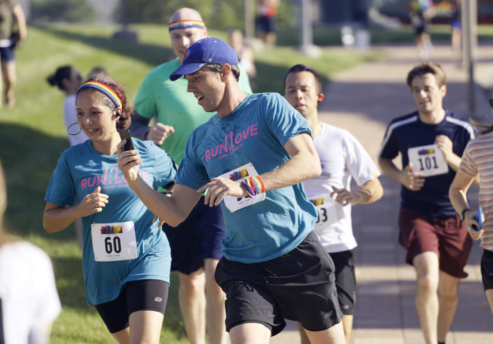 Beto O'Rourke participates in the Capital City Pride Fest Fun Run 5K in Des Moines, Iowa, Saturday. (AP Photo/Charlie Neibergall)