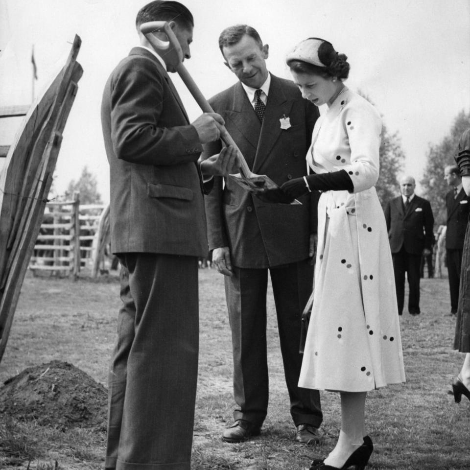 Queen Elizabeth reading the inscription on the spade with which she planted the Queen's Tree to commemorate her coronation - PA Archive 