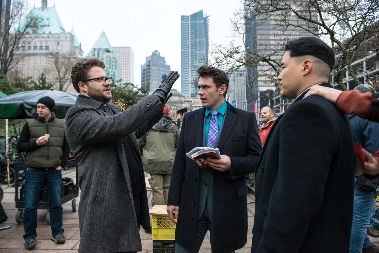 Rogen, Franco and Randall Park on the set of 'The Interview' (Photo: Ed Araquel/©Columbia Pictures/courtesy Everett Collection)