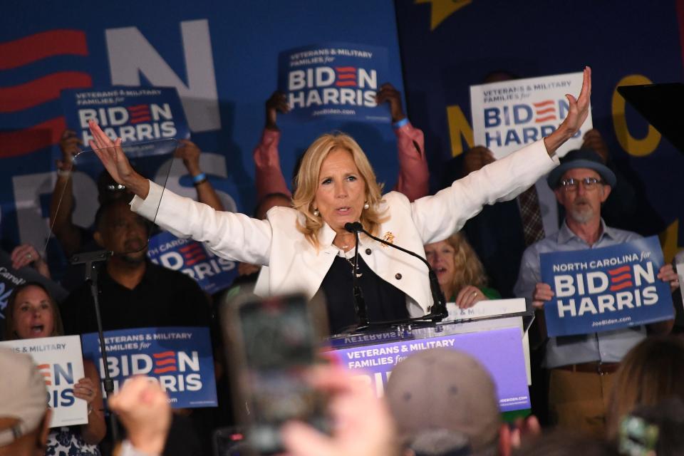 First lady Dr. Jill Biden speaks to the crowd at Hi-Wire Brewing on Monday July 8, 2024 in Wilmington, N.C. KEN BLEVINS/STARNEWS
