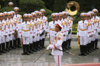 An honor guard prepares for a welcome ceremony for visiting Australian Prime Minister Scott Morrison at the Presidential Palace in Hanoi, Vietnam, Friday, Aug. 23, 2019. Morrison is on a three-day official visit to Vietnam. (AP Photo/Duc Thanh)