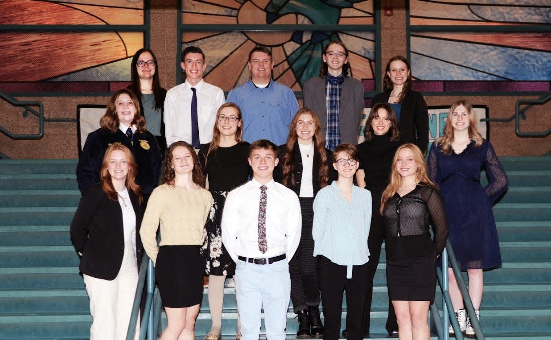 Canyon View High School's 2023 Sterling Scholar award winners pose for a photo. Back row: Taytum Stratton, Kyle Nichols, Lane Cox, Jacob Crawford, Emma Armour. Middle row: Reese Ganci, Christy Peterson, Regan Miller, Kayleah Madsen, Clara Call. Front row: