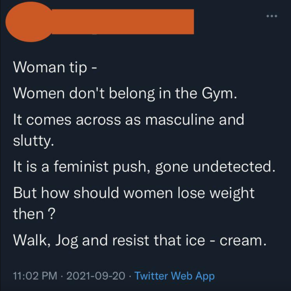 A man saying, "Women don't belong in the Gym."
