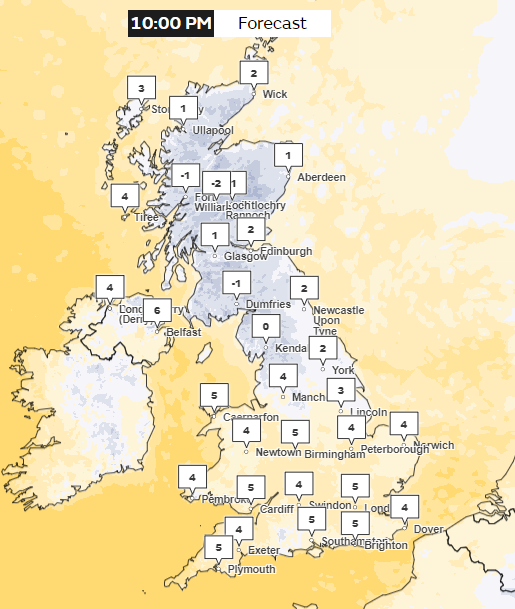 Scotland drops to below 0C tonight and the North of England faces freezing conditions (The Met Office)