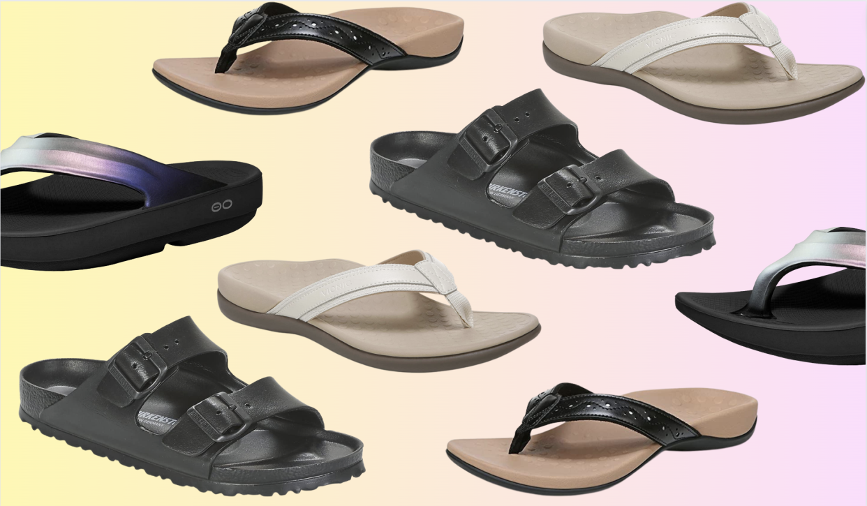 an array of flip-flops from birkenstock, vionic and oofos