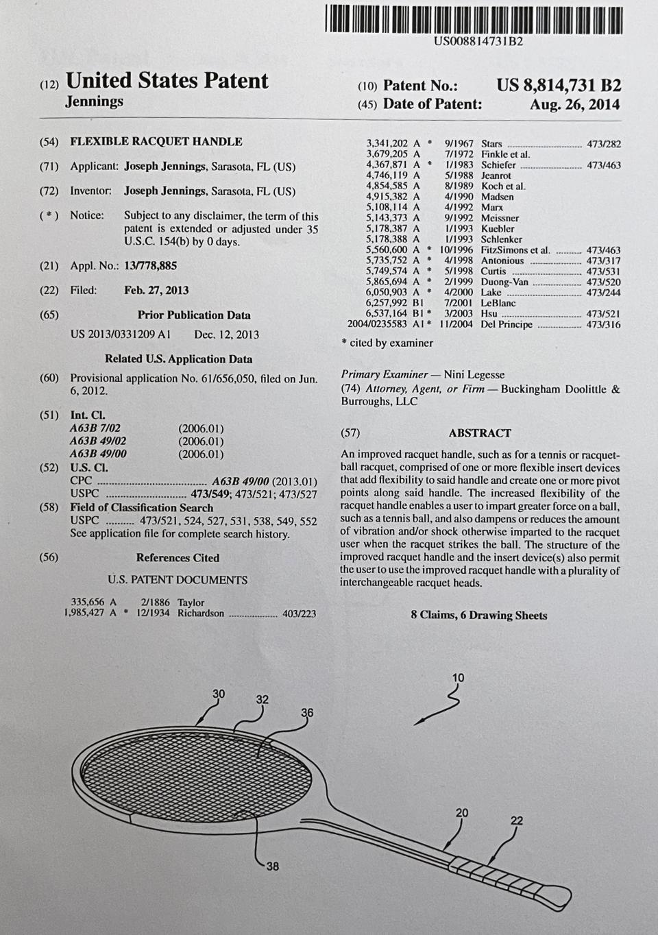 Joseph Jennings, of Sarasota, invented and patented the Joflex Sports device that is in the handle of a tennis racket to help cushion it from constant vibration, helping to alleviate arm, elbow, and shoulder injuries.