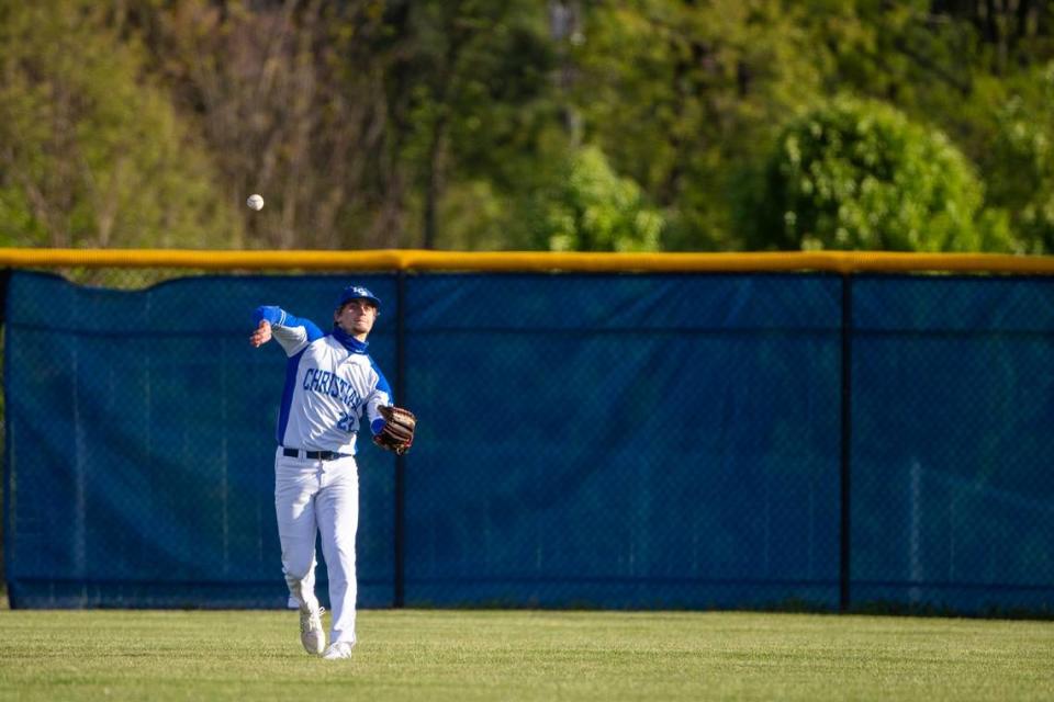 On days he’s not pitching, Lexington Christian’s Jaxson Davis (20) stays in the lineup in a field position for the Eagles. Davis, a senior, has committed to play college ball at Louisville.