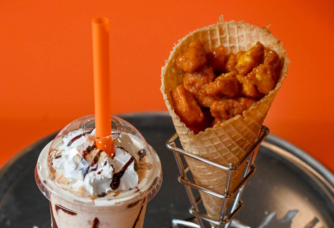 Yell barbecue Chick’nCone with a chocolate waffle crunch shake at Chick’nCone opening Saturday at 860 Forsyth St. in the former Which Wich location near Atrium Health Navicent in Macon.