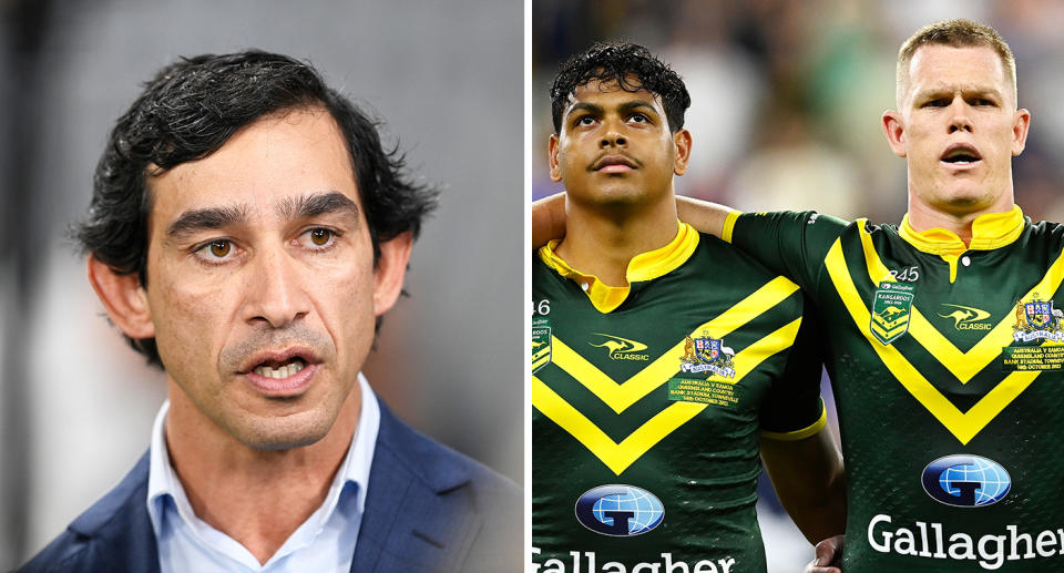 Johnathan Thurston during broadcast and the Kangaroos players during the national anthem.