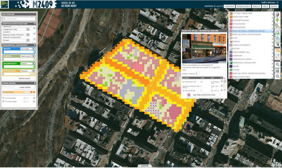 A user can paint different ecosystems onto their vision using the Ecosystem Tool flyout menu on the right side of the Mannahatta2409 screen. Users can choose to paint with ecosystems classified as Buildings, Natural Ecosystems, Transportation I