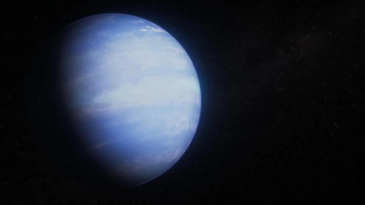  An artist's rendering of WASP-107b, a blue, puffy planet. 