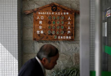 Numbers of population and households are displayed at the entrance of village office in Nanmoku Village, northwest of Tokyo, Japan October 12, 2017. REUTERS/Issei Kato