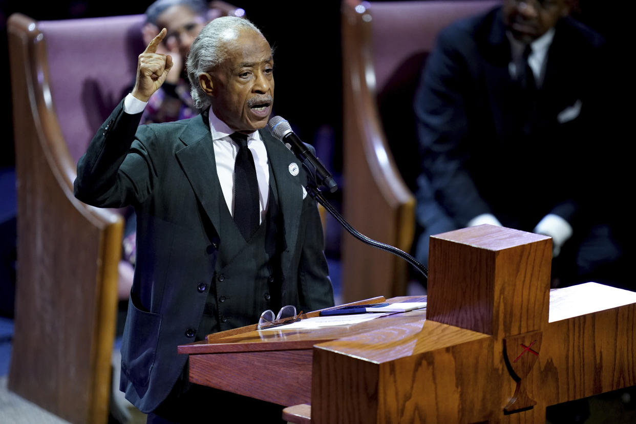 Rev. Al Sharpton delivers the eulogy for Tyre Nichols at Mississippi Boulevard Christian Church in Memphis, Tenn., on Wednesday, Feb. 1, 2023. Nichols died following a brutal beating by Memphis police after a traffic stop. (Andrew Nelles/The Tennessean via AP, Pool)