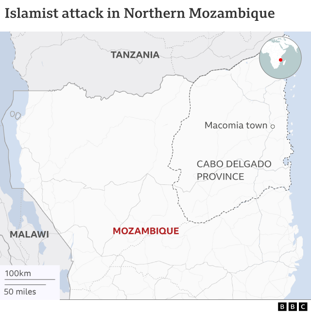 Map showing Macomia in Cabo Delgado, northern Mozambique