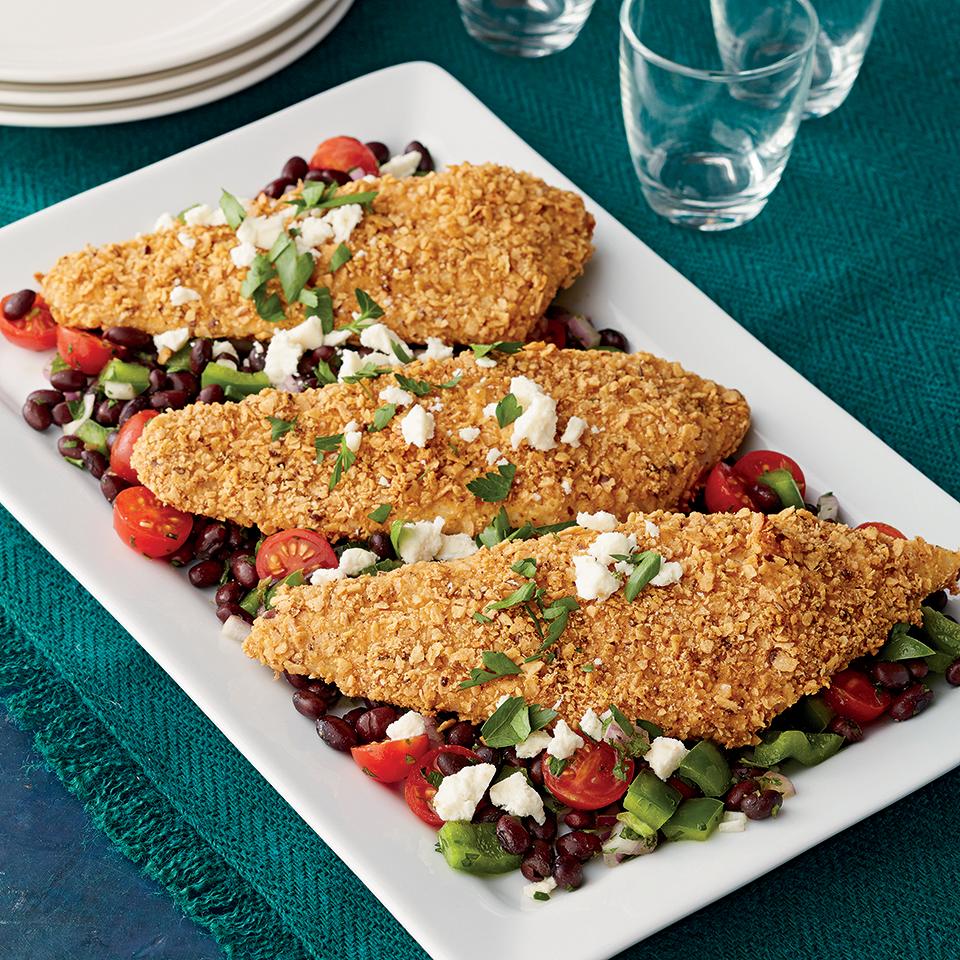 Tortilla Chip Flounder with Black Bean Salad