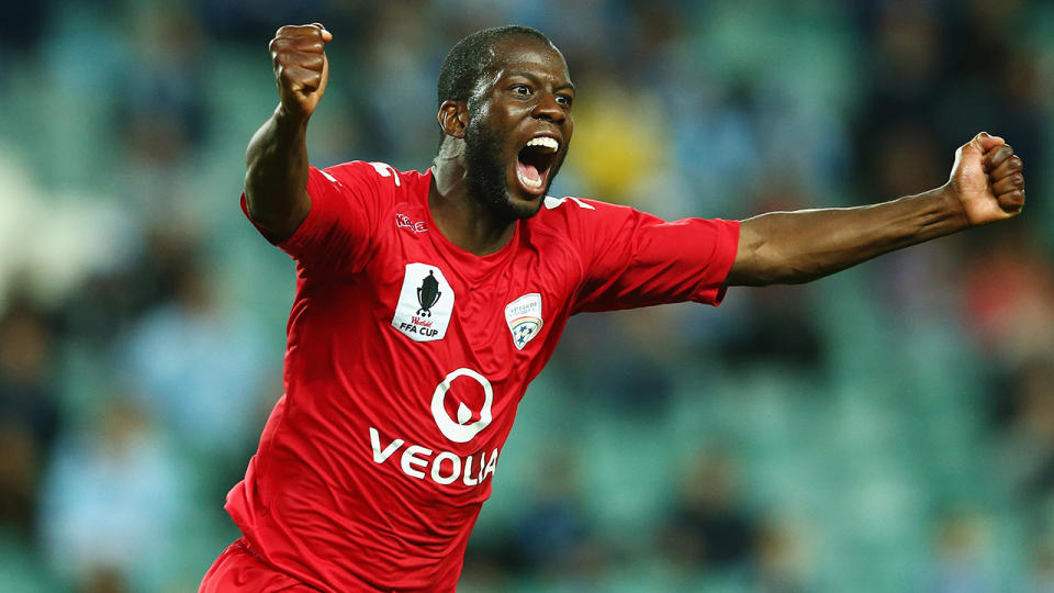 Bruce Djite, pictured here in action for Adelaide United in 2014.