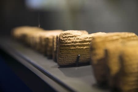 Cuneiform tablets are displayed during an exhibition at the Bible Lands Museum in Jerusalem, February 3, 2015. REUTERS/Baz Ratner
