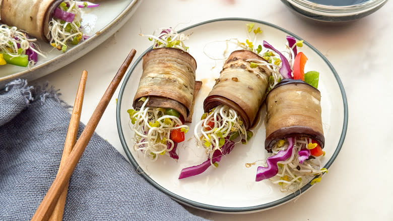 3 gaji mari rolls on white plate