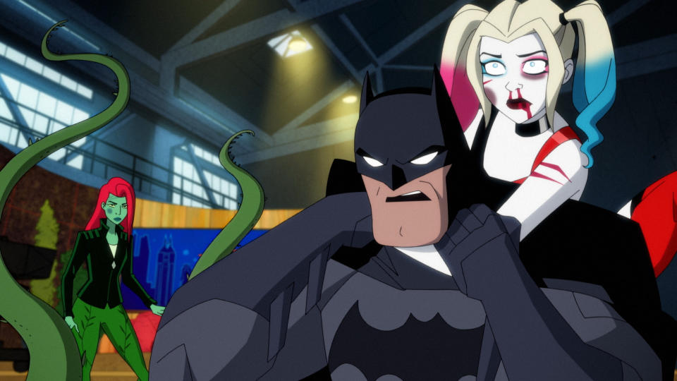 From left to right: Poison Ivy (Lake Bell), Batman (Diedrich Bader) and Harley Quinn (Kaley Cuoco) in the animated Harley Quinn series. (Photo: WarnerMedia/HBO Max)