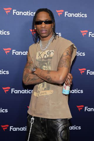 <p>Ethan Miller/Getty</p> Travis Scott attends Michael Rubin's Fanatics Super Bowl party at the Marquee Nightclub at The Cosmopolitan of Las Vegas on February 10, 2024 in Las Vegas