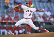 Los Angeles Angels starting pitcher Andrew Heaney throws during the first inning of a baseball game against the Colorado Rockies Wednesday, July 28, 2021, in Anaheim, Calif. (AP Photo/John McCoy)