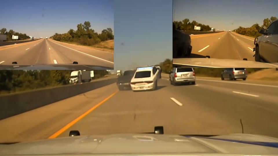 Police Charger Mounts Fleeing Chevy Silverado  