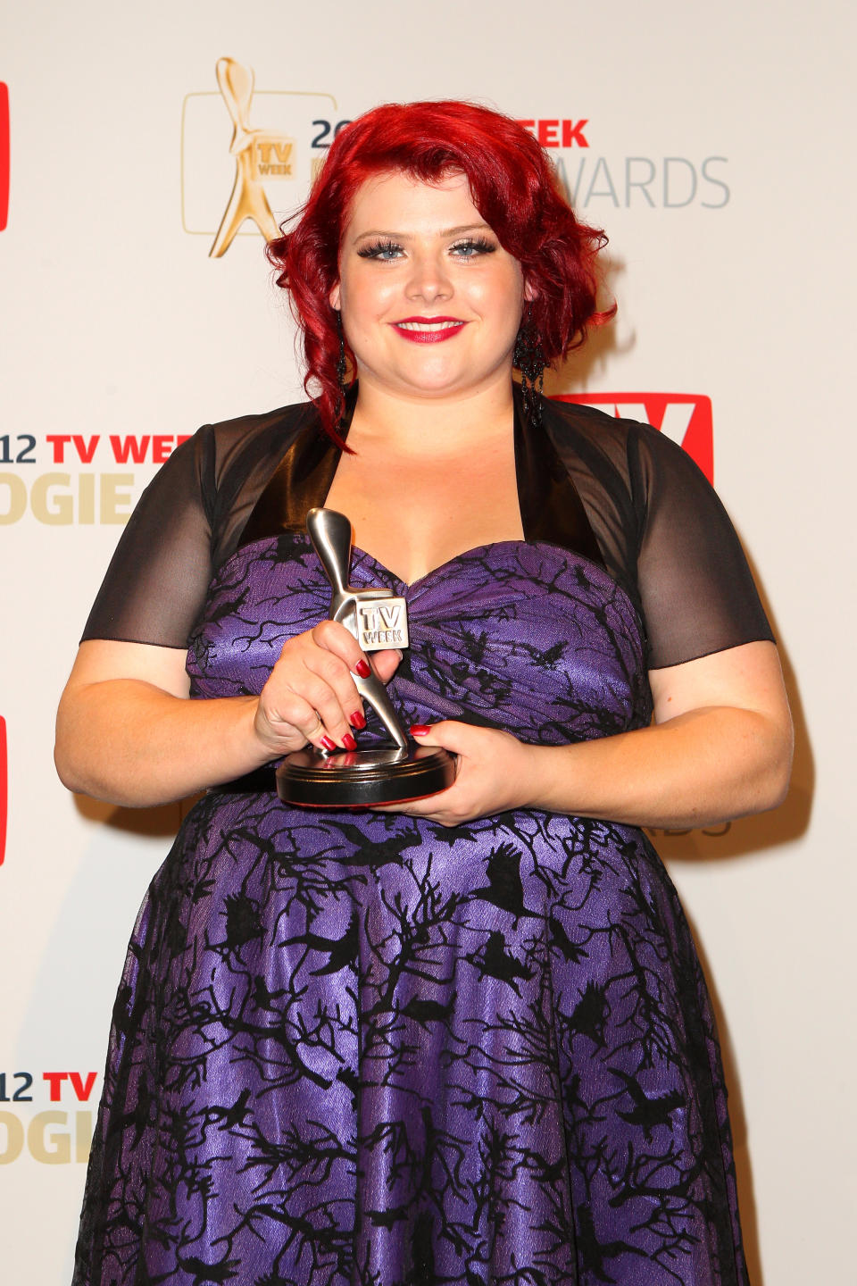 Melissa Bergland poses with the Logie for Most Popular New Female Talent at the 2012 Logie Awards