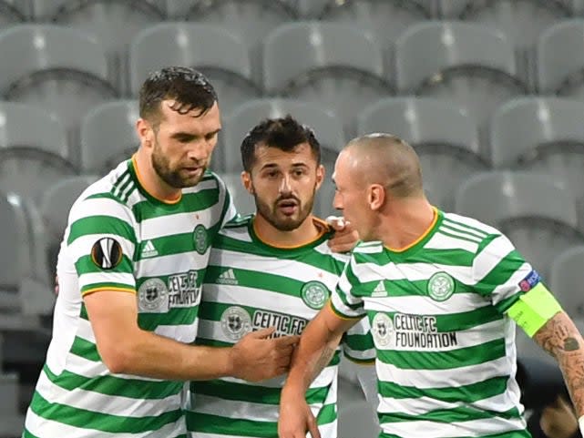 <p>Celtic celebrate scoring</p> (AFP)