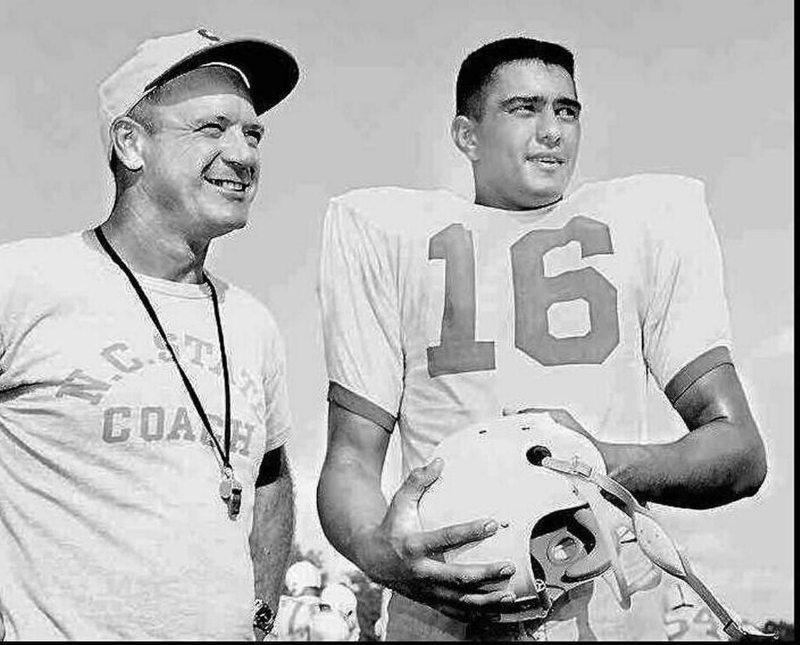 Former N.C. State coach Earle Edwards with quarterback Roman Gabriel in a undated file photo. (AP Photo/ Raleigh News and Observer, File)