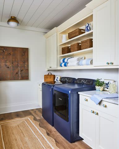 PHOTOGRAPHY BY LAUREY W. GLENN; STYLING BY KENDRA SURFACE Even the most hardworking corner of the house feels like a mini getaway, thanks to the Alexa-activated GE Profile Sapphire Blue washer and dryer.