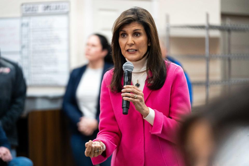 Former South Carolina Gov. Nikki Haley, who's also a former U.S. ambassador to the United Nations, campaigns on Jan. 15, 2024, in Pella, Iowa, before the caucuses.