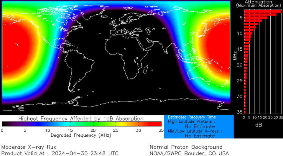 A map showing where the sunny part of the Earth was at the time of the explosion, with high-frequency radio interruptions indicated by red spots.  The high frequency outages are all located in the Pacific regions.